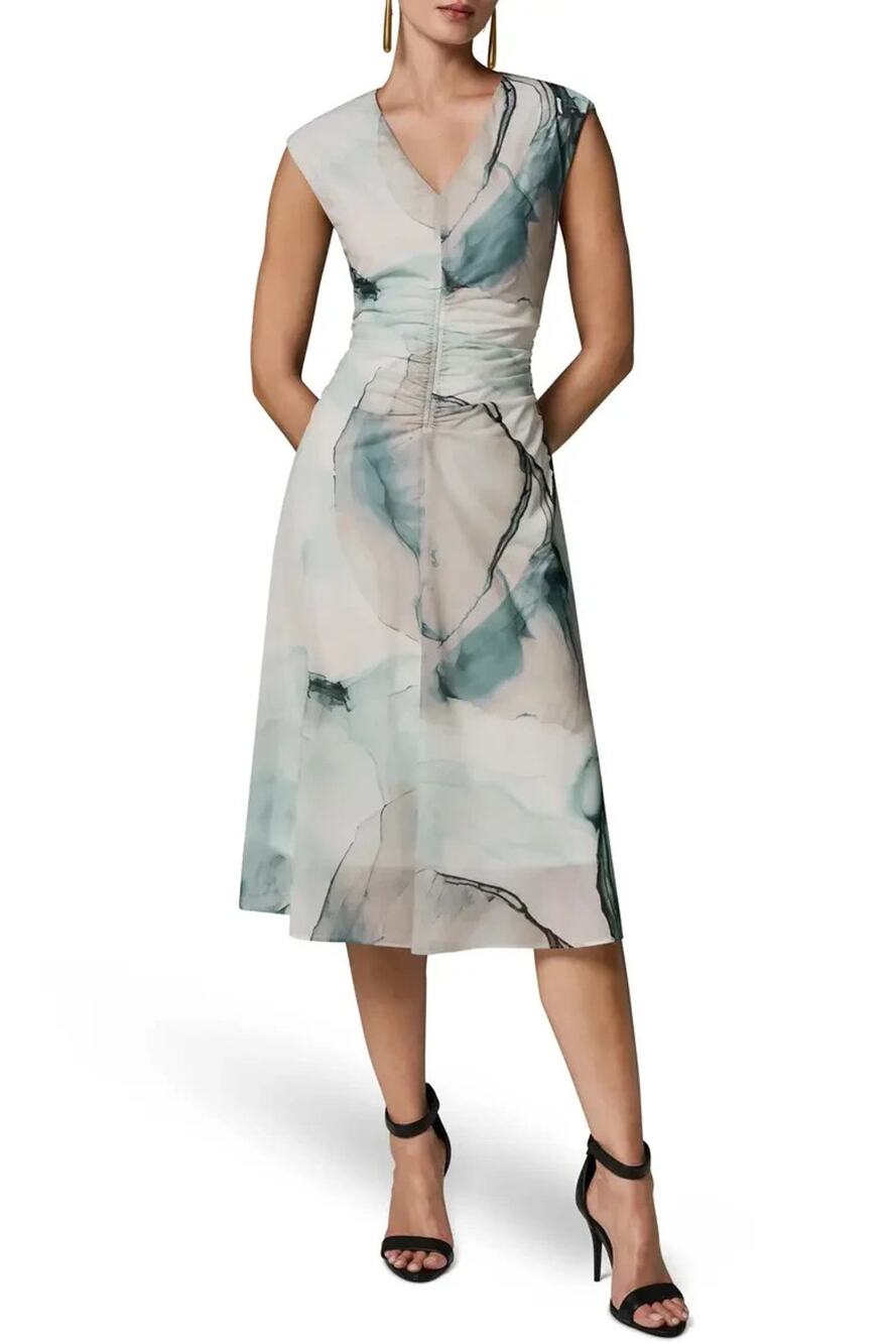 Donna Karan Watercolor Print Ruched Sleeveless Dress Multi Size PXL 3798